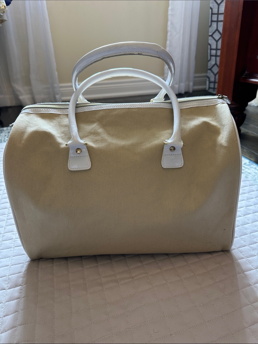 Canvas Satchel Handbag in Beige with White Handles - Picture 3 of 13